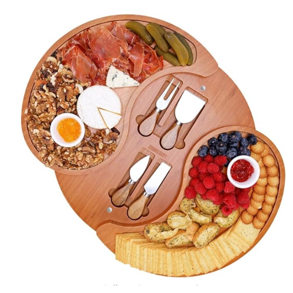 Large Double-Layer Charcuterie Cheese Board Set w 4 Knives Premium Bamboo
